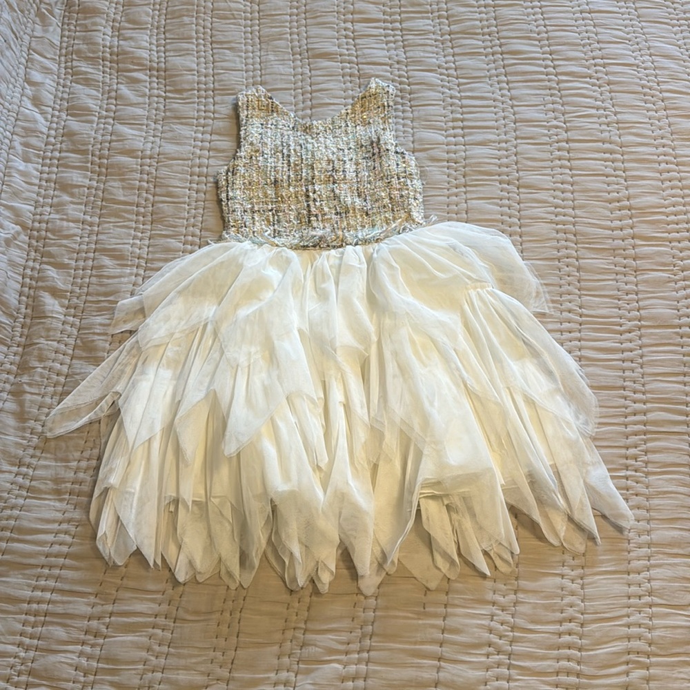 Nanette lepore girls medium dress, white/cream tweed and tile ruffled dress